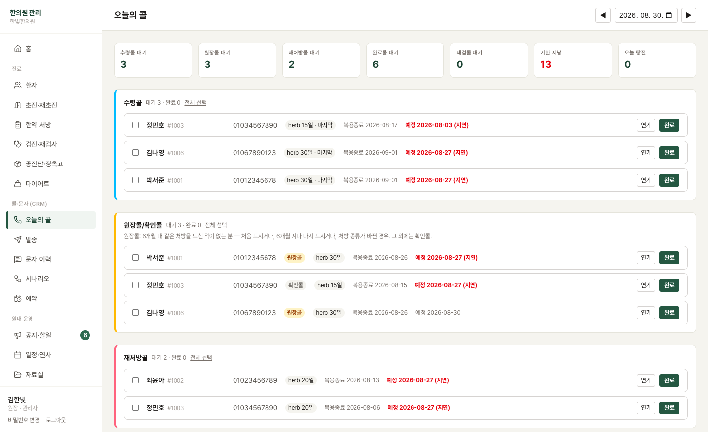 HaniOps daily call worklist showing pickup, check-in and refill calls generated from prescription dates